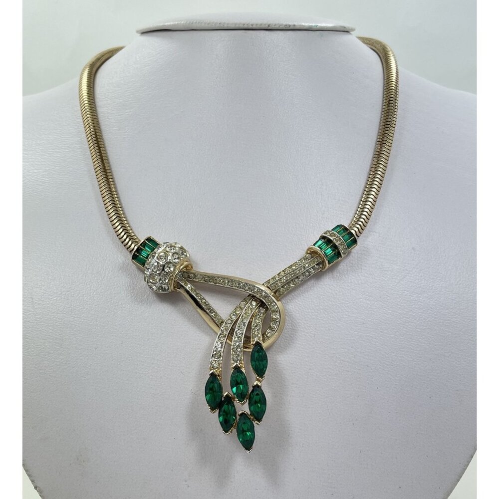 Vintage Signed Coro Emerald Rhinestone Spray Necklace Choker Mid Century Jewelry